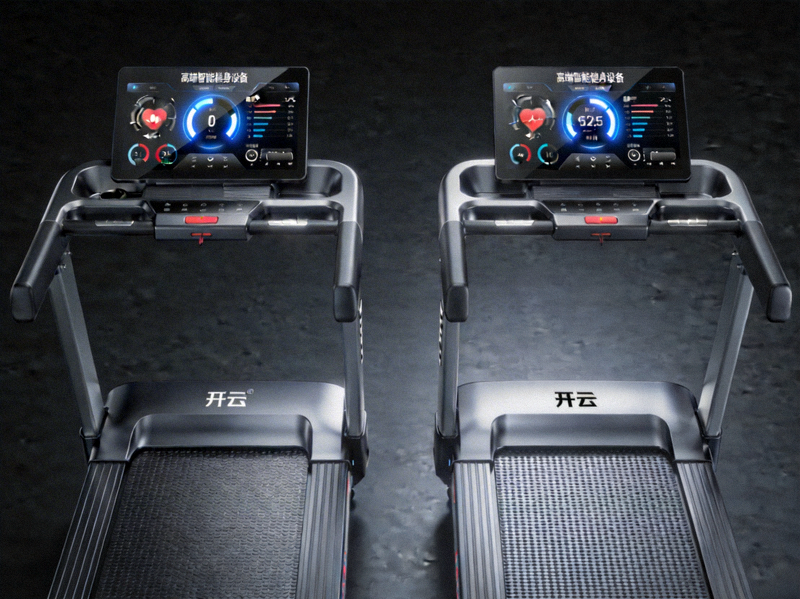 开云高端智能健身设备，包含跑步机与数据监测屏幕